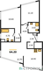 Планировка двухкомнатной(квартира) площадью 64.2 квадратных метров в ЖК “ЖК ROTTERDAM (Роттердам)”