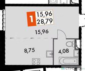 Планировка студии(апартаменты) площадью 28.79 квадратных метров в “ЖК Движение. Говорово”