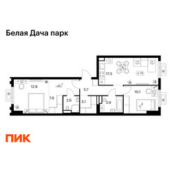 Планировка двухкомнатной(квартира) площадью 63.4 квадратных метров в ЖК “ЖК Белая Дача парк”