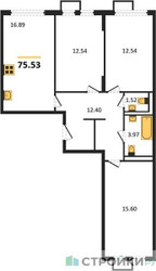 Планировка трехкомнатной(квартира) площадью 75.53 квадратных метров в ЖК “ЖК Остафьево”