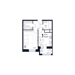 Планировка однокомнатной(квартира) площадью 38.8 квадратных метров в ЖК “ЖК ВОСТОК II”