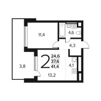 Планировка двухкомнатной(квартира) площадью 41.4 квадратных метров в “Новые Ватутинки. Заречный”