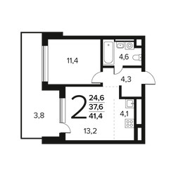 Планировка двухкомнатной(квартира) площадью 41.4 квадратных метров в ЖК “Новые Ватутинки. Заречный”