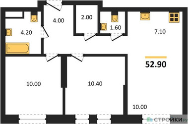 Планировка двухкомнатной(квартира) площадью 52.9 квадратных метров в ЖК “ЖК Квартал на воде (Графика на воде)”