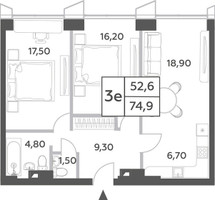 Планировка трехкомнатной(квартира) площадью 74.9 квадратных метров в “ЖК Will Towers (Вилл Тауэрс)”