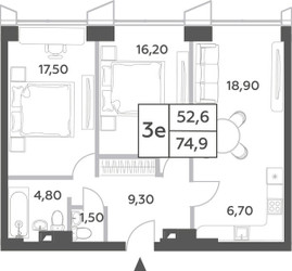 Планировка трехкомнатной(квартира) площадью 74.9 квадратных метров в ЖК “ЖК Will Towers (Вилл Тауэрс)”