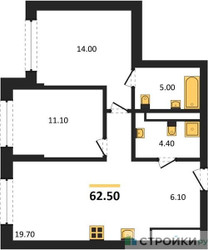 Планировка двухкомнатной(квартира) площадью 62.5 квадратных метров в ЖК “Архитектурный проект U2 (ЮТУ)”