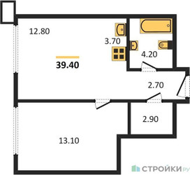 Планировка однокомнатной(апартаменты) площадью 39.4 квадратных метров в “ЖК Верейская 41”