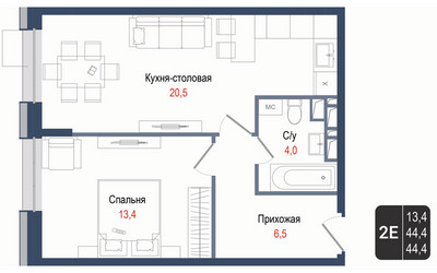 Планировка двухкомнатной(квартира) площадью 44.4 квадратных метров в ЖК “ЖК КИНОКВАРТАЛ”