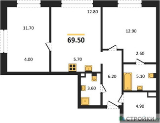 Планировка двухкомнатной(квартира) площадью 69.5 квадратных метров в ЖК “Жилые кварталы Белый Град”
