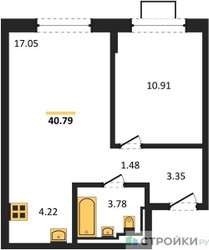 Планировка однокомнатной(квартира) площадью 40.79 квадратных метров в ЖК “ЖК Богдановский Лес”