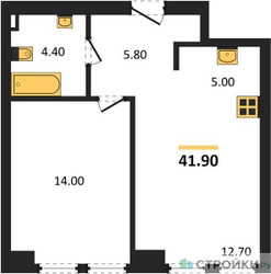 Планировка однокомнатной(квартира) площадью 41.9 квадратных метров в ЖК “ЖК АУРА”