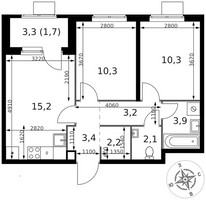 Планировка двухкомнатной(квартира) площадью 52.3 квадратных метров в “ЖК 1-й Химкинский (Первый Химкинский)”