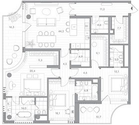 Планировка трехкомнатной(квартира) площадью 187.8 квадратных метров в ЖК “Клубный дом PHANTOM (Фантом)”