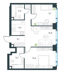Планировка трехкомнатной(квартира) площадью 60.4 квадратных метров в ЖК “ЖК Левел Мичуринский”