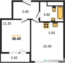 Планировка однокомнатной(квартира) площадью 38.4 квадратных метров в ЖК “ЖК Южные сады”