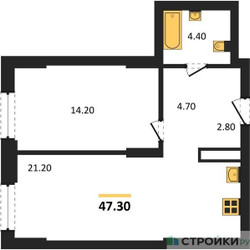 Планировка однокомнатной(квартира) площадью 47.3 квадратных метров в ЖК “ЖК Детали”