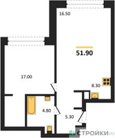 Планировка однокомнатной(квартира) площадью 51.9 квадратных метров в “ЖК Монблан”