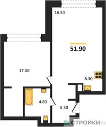 Планировка однокомнатной(квартира) площадью 51.9 квадратных метров в ЖК “ЖК Монблан”