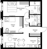 Планировка двухкомнатной(квартира) площадью 61.32 квадратных метров в “Дом премиум-класса МИРА”
