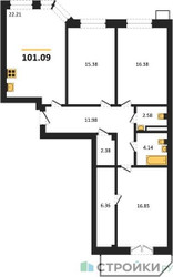 Планировка трехкомнатной(квартира) площадью 101.09 квадратных метров в ЖК “ЖК Мечта”
