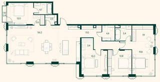 Планировка 4+ комнатной(квартира) площадью 166.1 квадратных метров в “ЖК Клубный город на реке Primavera (Примавера)”