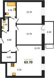 Планировка двухкомнатной(квартира) площадью 63.7 квадратных метров в ЖК “ЖК Союзный”