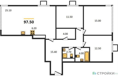 Планировка трехкомнатной(квартира) площадью 97.5 квадратных метров в ЖК “ЖК Вереск”