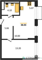 Планировка однокомнатной(квартира) площадью 38.03 квадратных метров в “ЖК Квартал Домашний”