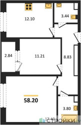 Планировка двухкомнатной(квартира) площадью 58.2 квадратных метров в ЖК “Жилые кварталы Новое Пушкино”