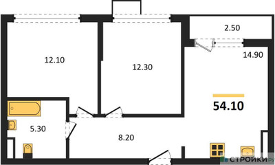 Планировка двухкомнатной(квартира) площадью 54.1 квадратных метров в ЖК “ЖК Южные сады”
