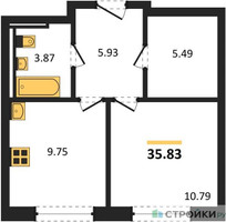 Планировка однокомнатной(квартира) площадью 35.83 квадратных метров в “ЖК Квартал Марьино”
