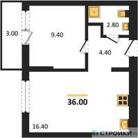 Планировка однокомнатной(квартира) площадью 36 квадратных метров в “ЖК Первый квартал”