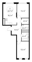 Планировка двухкомнатной(квартира) площадью 62.7 квадратных метров в “ЖК Переделкино Ближнее”