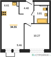 Планировка однокомнатной(квартира) площадью 34.55 квадратных метров в “ЖК Квартал Ивакино”