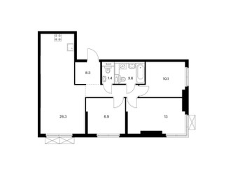 Планировка трехкомнатной(квартира) площадью 71.6 квадратных метров в ЖК “ЖК Руставели 14”