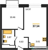 Планировка однокомнатной(квартира) площадью 37.54 квадратных метров в “ЖК Новое Внуково”