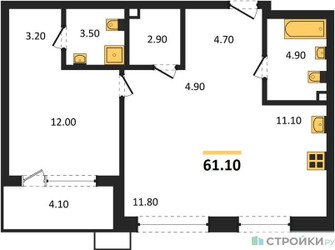 Планировка однокомнатной(квартира) площадью 61.1 квадратных метров в ЖК “ЖК Дзен-кварталы”