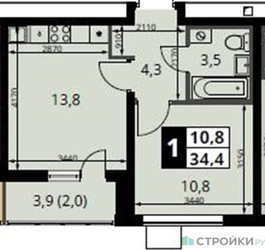 Планировка однокомнатной(квартира) площадью 34.4 квадратных метров в “ЖК 1-й Южный (Первый Южный)”