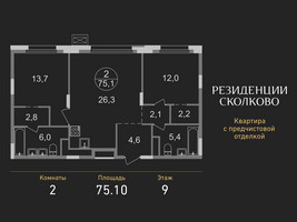 Планировка двухкомнатной(квартира) площадью 75.1 квадратных метров в “ЖК Резиденции Сколково”