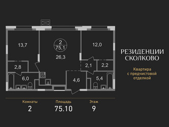 Планировка двухкомнатной(квартира) площадью 75.1 квадратных метров в ЖК “ЖК Резиденции Сколково”