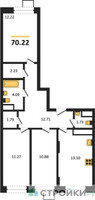 Планировка трехкомнатной(квартира) площадью 70.22 квадратных метров в “ЖК Новотомилино”