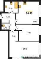Планировка двухкомнатной(квартира) площадью 66 квадратных метров в “ЖК Сиреневый парк”