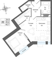 Планировка двухкомнатной(квартира) площадью 44.4 квадратных метров в “ЖК КИНОКВАРТАЛ”