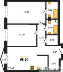 Планировка двухкомнатной(квартира) площадью 68.6 квадратных метров в ЖК “ЖК КОД Сокольники”