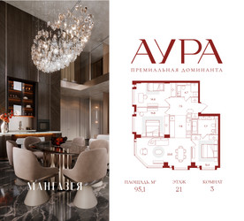 Планировка трехкомнатной(квартира) площадью 95.1 квадратных метров в ЖК “ЖК АУРА”