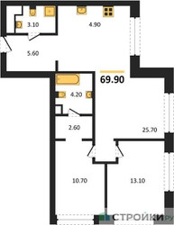 Планировка двухкомнатной(квартира) площадью 69.9 квадратных метров в ЖК “ЖК Upside Towers (Апсайд Тауэрс)”