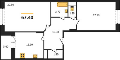 Планировка двухкомнатной(квартира) площадью 67.4 квадратных метров в ЖК “ЖК Эдельвейс (Первомайское)”
