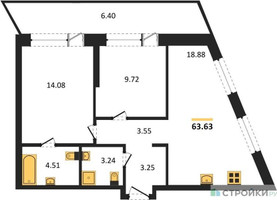 Планировка двухкомнатной(квартира) площадью 63.63 квадратных метров в “ЖК Forst (Форст)”