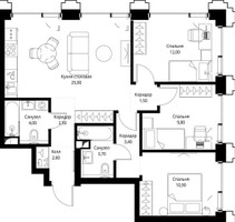 Планировка трехкомнатной(квартира) площадью 75.9 квадратных метров в “ЖК СЕТ”